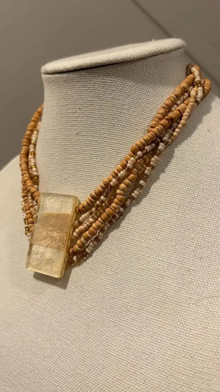 Multistrand Boho Necklace Wooden Beads Large Lucite/Resin Square Pendant